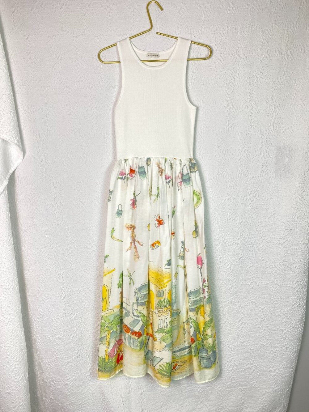 Moon River Sleeveless Mixed Media Midi Dress Scenic Print Small Elastic Waist